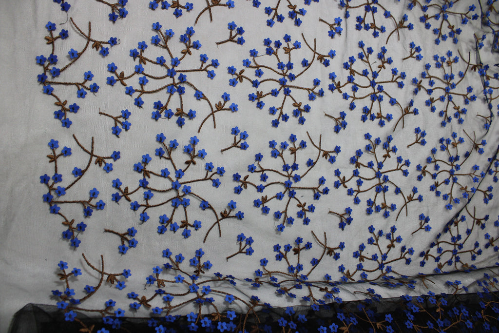 Tul bordado Con Flores 3d Y Ramajes Color Azul Rey A621 — Palacio Glamour