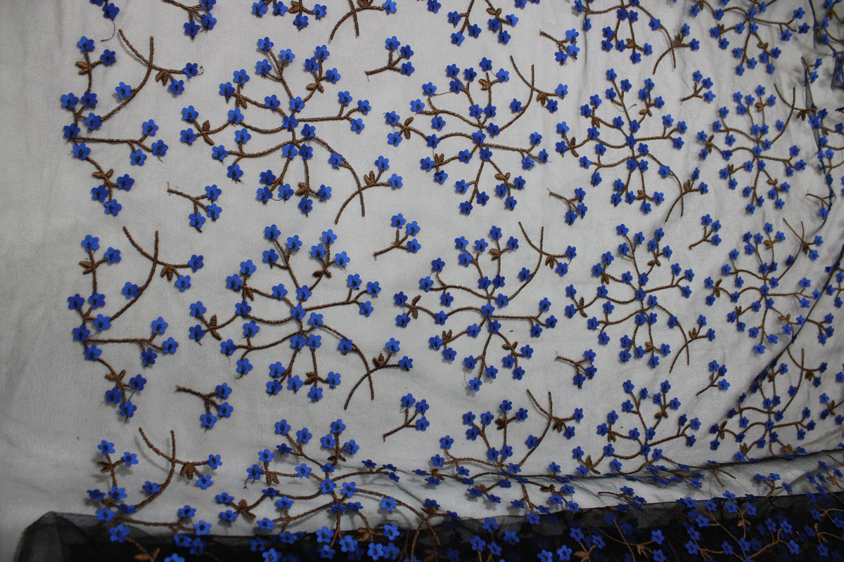 Tul bordado Con Flores 3d Y Ramajes Color Azul Rey A621 — Palacio Glamour