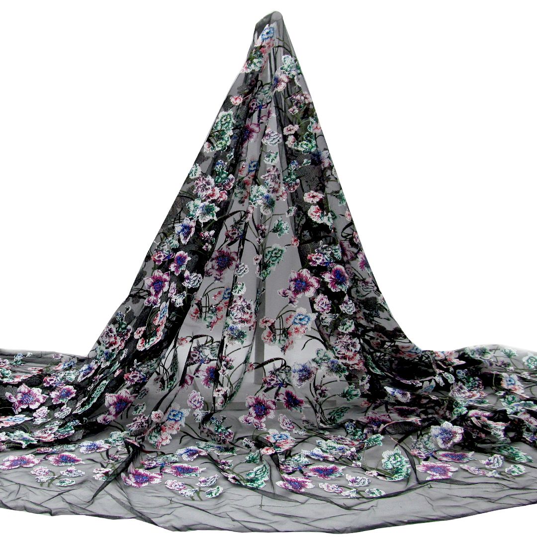 Tul bordado Con Flores de Lentejuela Color Negro Morado A671 — Palacio Glamour