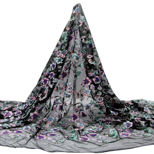 Tul bordado Con Flores de Lentejuela Color Negro Morado A671 — Palacio Glamour