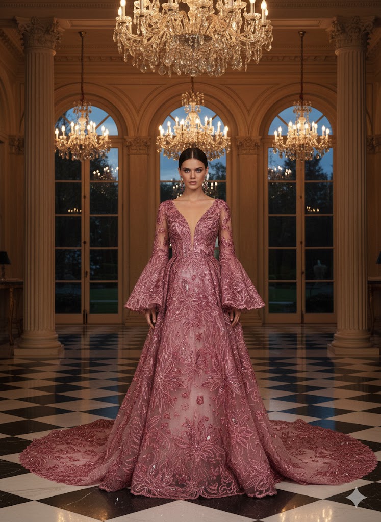 Tul bordado color coral A588 — Palacio Glamour