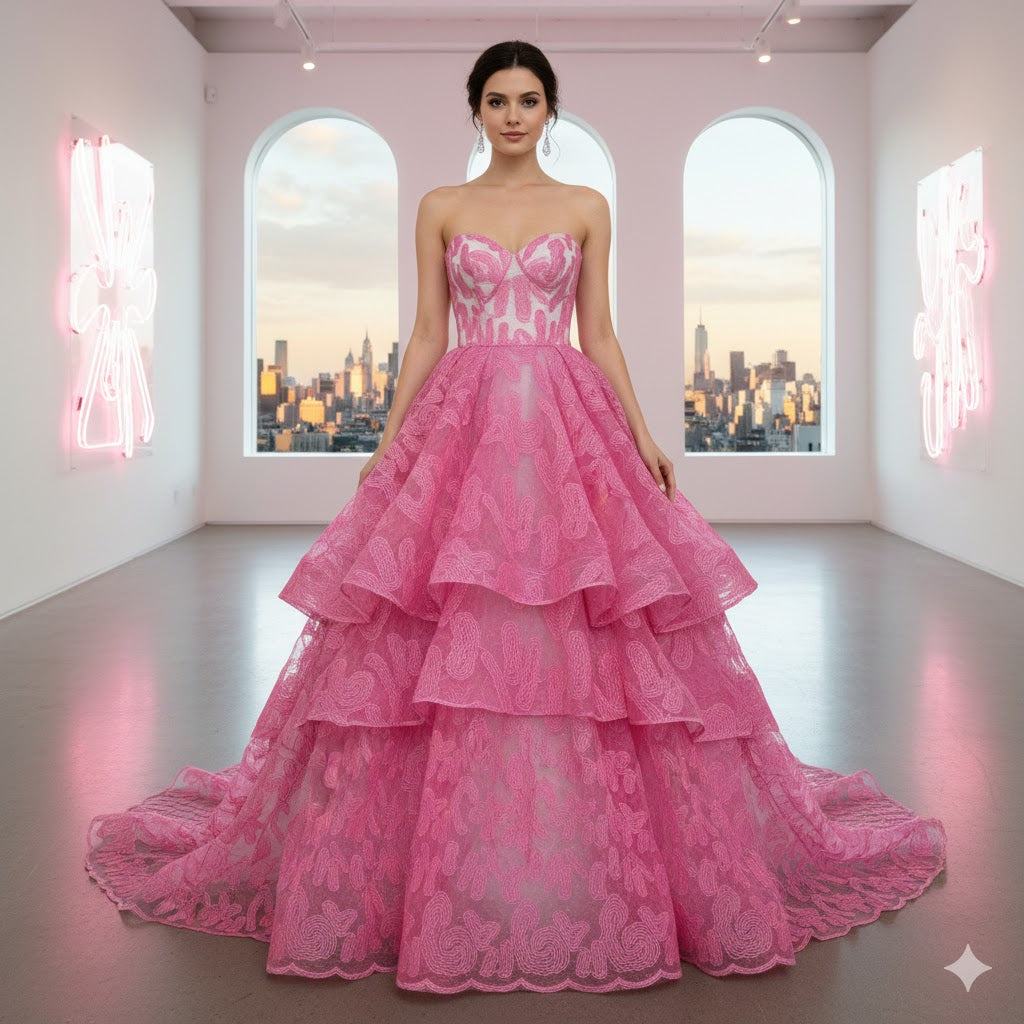 Tul bordado color rosa A164 — Palacio Glamour