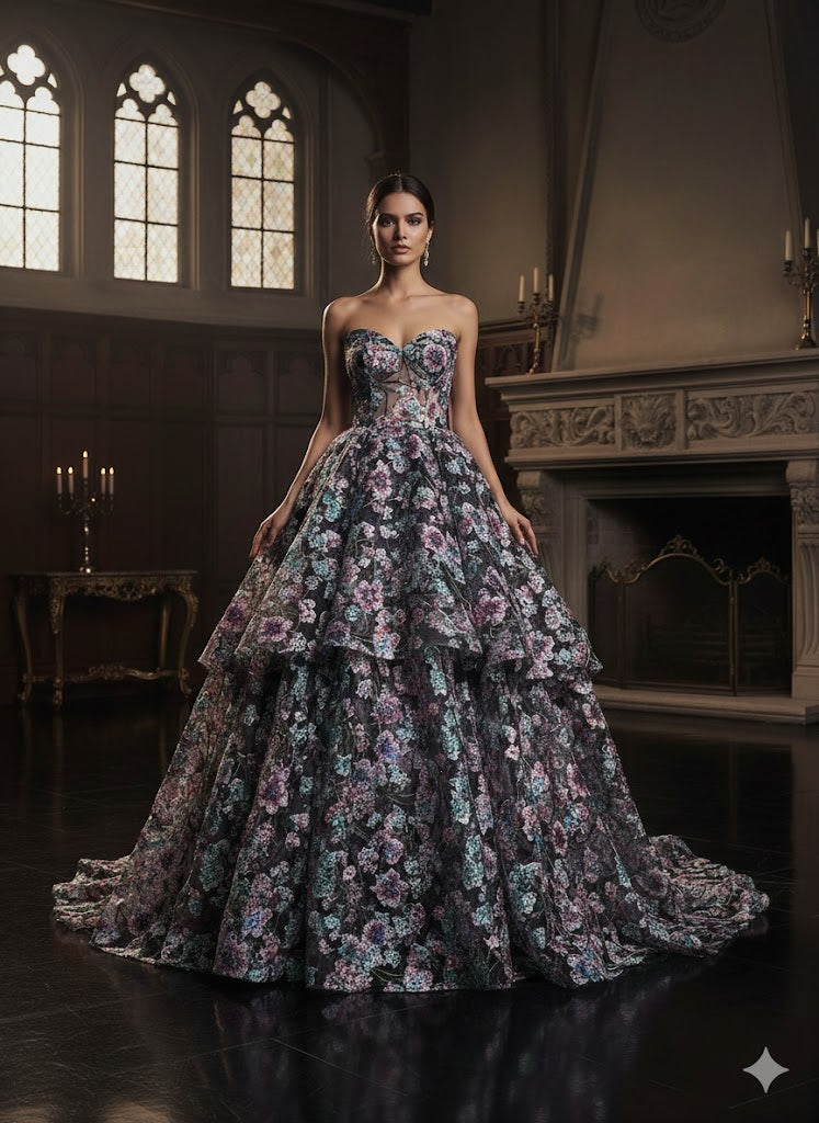 Tul bordado Con Flores de Lentejuela Color Negro Rosa A671m — Palacio Glamour