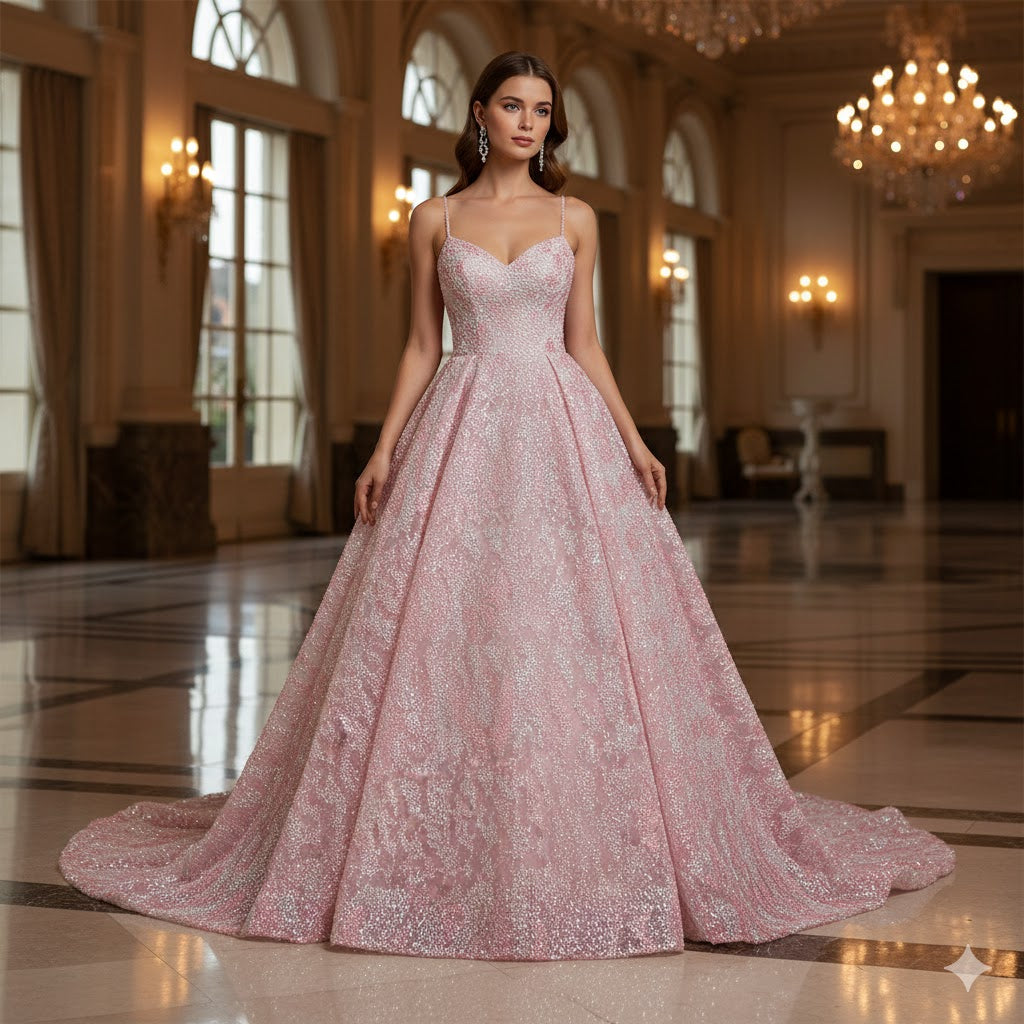 Tul bordado color rosa A689 — Palacio Glamour