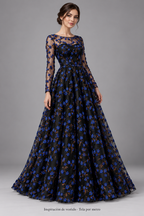 Tul bordado Con Flores 3d Y Ramajes Color Azul Rey A621 — Palacio Glamour