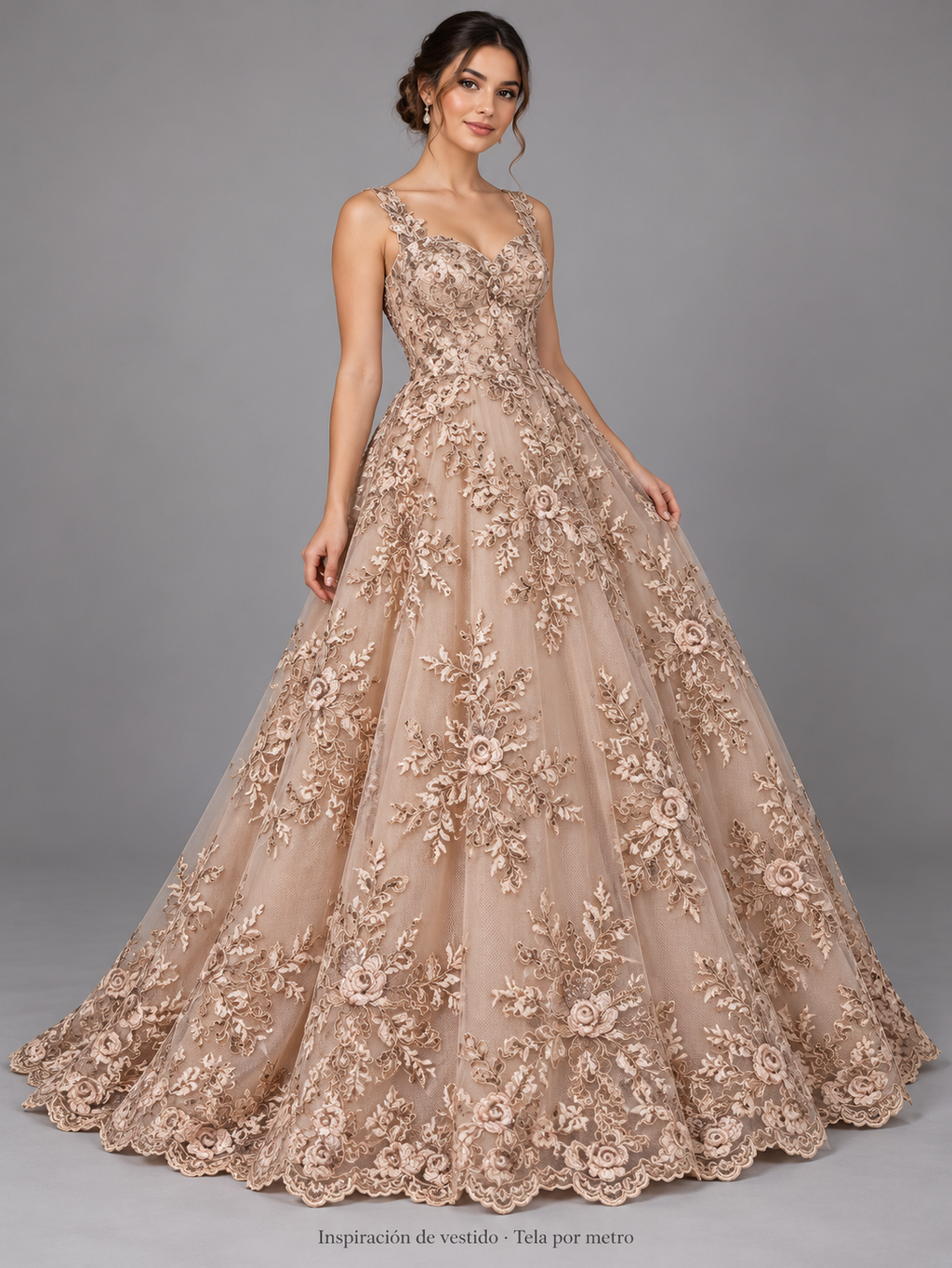 Tul bordado Floral con Orilla Ondulada Color Nude A926 — Palacio Glamour