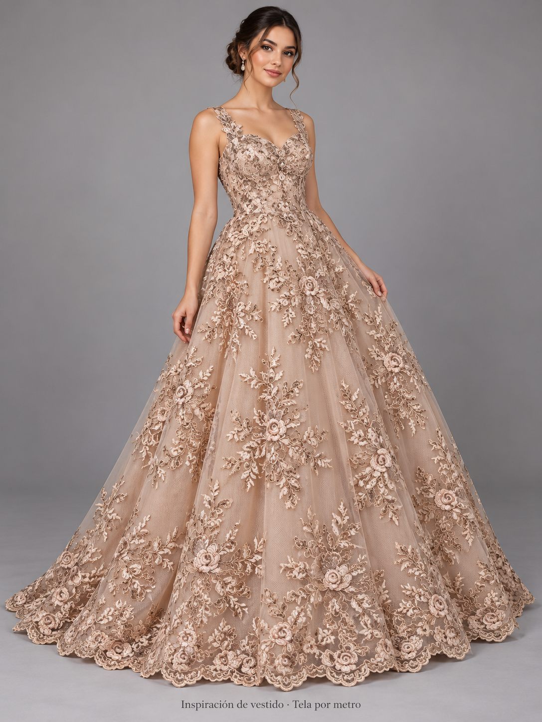 Tul bordado Floral con Orilla Ondulada Color Nude A926 — Palacio Glamour