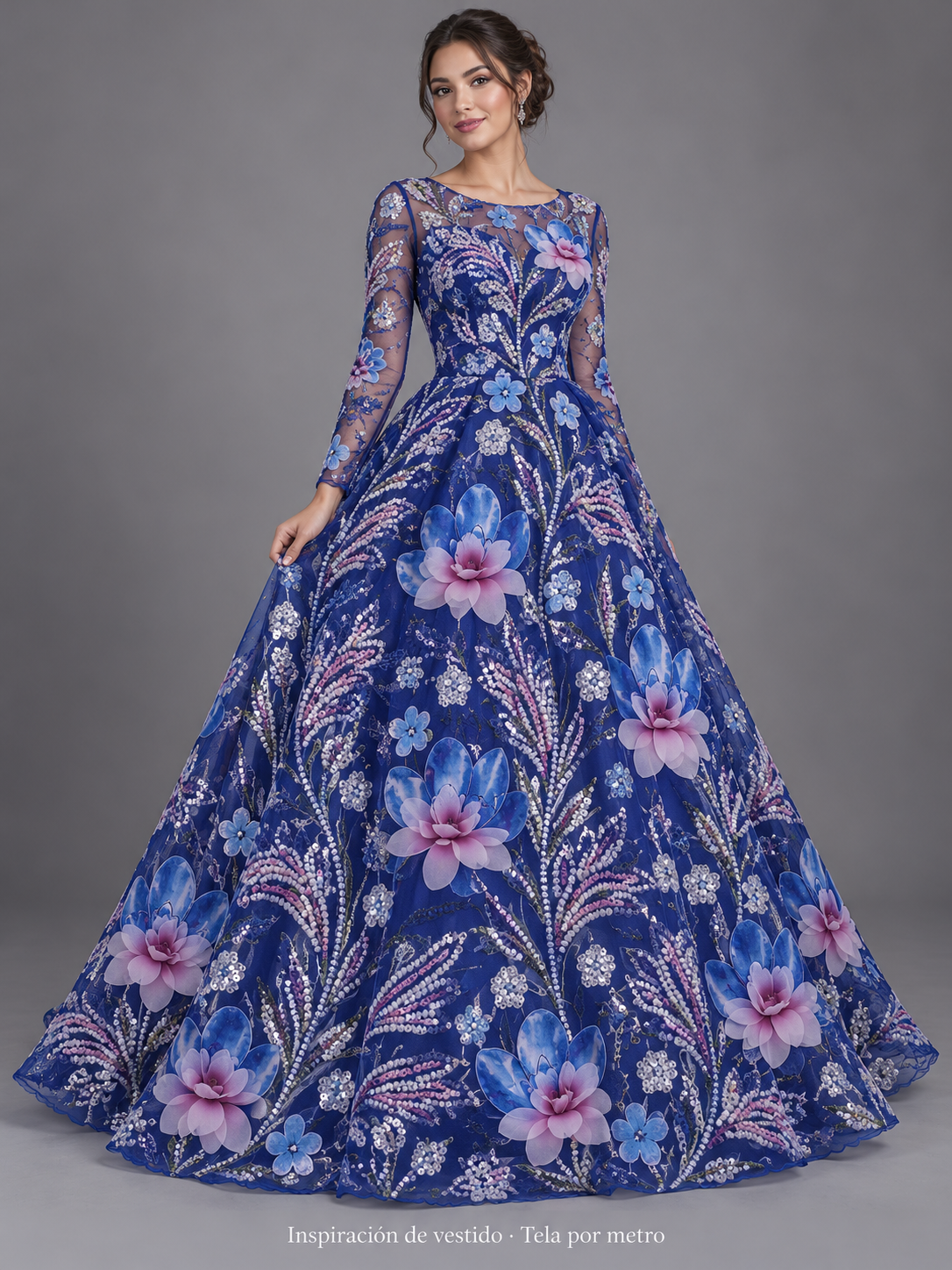 Tul bordado Con Flores 3d, Chaquira y Lentejuela Color Azul Rey H150 — Palacio Glamour